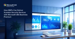Stylized Microsoft 365 Business Premium dashboard for MSPs, showing security tools, threat graphs.