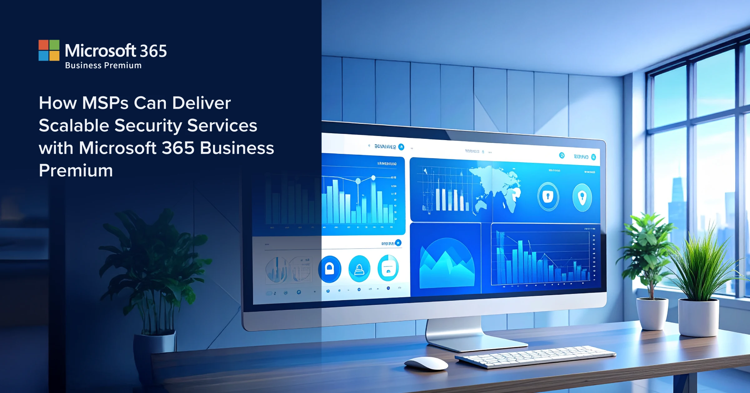 Stylized Microsoft 365 Business Premium dashboard for MSPs, showing security tools, threat graphs.