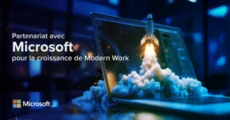 Rocket launching from a laptop | Partnering with Microsoft for Modern Work Growth